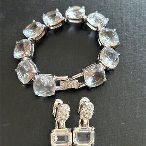 Vintage Signed Swarovski Crystal Emerald Cut Bracelet/Clip on Earring Set